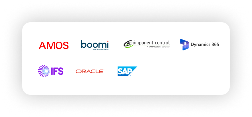 Fieldlogs integrates with various ERP solutions like AMOS, boomi, component control, Microsoft Dynamics 365, IFS, Oracle, SAP.